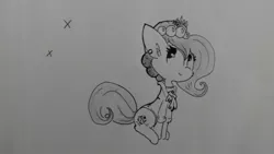 Size: 1280x720 | Tagged: safe, artist:tjpones, derpibooru import, oc, oc:brownie bun, unofficial characters only, earth pony, pony, horse wife, cheek fluff, clothes, cutie mark, dress, ear fluff, female, flower, flower in hair, grayscale, mare, monochrome, sitting, solo, traditional art