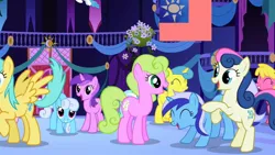 Size: 1280x720 | Tagged: safe, derpibooru import, edit, edited screencap, screencap, amethyst star, bon bon, cherry berry, daisy, flower wishes, lemon hearts, lightning bolt, linky, lyra heartstrings, minuette, shoeshine, sunshower raindrops, sweetie drops, white lightning, pegasus, pony, friendship is magic, background pony, bon bon is amused, female, mare, republic of china, taiwan