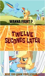 Size: 556x945 | Tagged: applejack, bandage, derpibooru import, feignbow dash, injured, meme, rainbow dash, safe