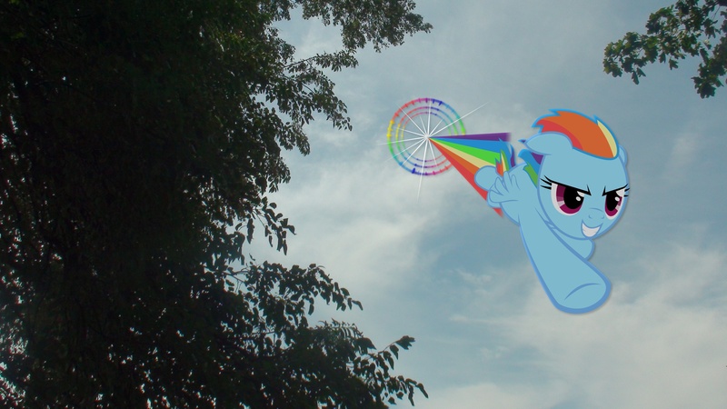 Size: 3840x2160 | Tagged: artist:101pegasister101, derpibooru import, dive bomb, irl, photo, ponies in real life, rainbow dash, safe, solo, sonic rainboom, tree, vector