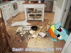 Size: 1024x768 | Tagged: artist:naruto46r, broken, derpibooru import, dishes, irl, kitchen, mess, offscreen character, photo, ponies in real life, rainbow dash, safe, text, vector