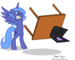 Size: 997x801 | Tagged: safe, artist:ambroise-dart, artist:sketchinetch, derpibooru import, edit, princess luna, pony, angry, bipedal, computer, glare, gritted teeth, laptop computer, rage quit, s1 luna, simple background, solo, spread wings, table flip, transparent background