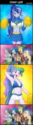 Size: 800x2984 | Tagged: suggestive, artist:uotapo, derpibooru import, edit, captain planet, flash sentry, princess celestia, princess luna, sandalwood, thunderbass, equestria girls, armpits, background human, belly button, blushing, breasts, busty princess celestia, busty princess luna, cheerleader, cleavage, clothes, comic, exploitable meme, female, meme, midriff, pom pom, principal celestia, reaction guys, sexy, shorts, vice principal luna, why not both