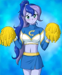 Size: 784x948 | Tagged: safe, artist:uotapo, derpibooru import, edit, princess luna, equestria girls, belly button, blushing, breasts, busty princess luna, cheerleader, clothes, cropped, cute, embarrassed, female, lunabetes, midriff, moe, pom pom, shy, skirt, solo, uotapo is trying to murder us, vice principal luna