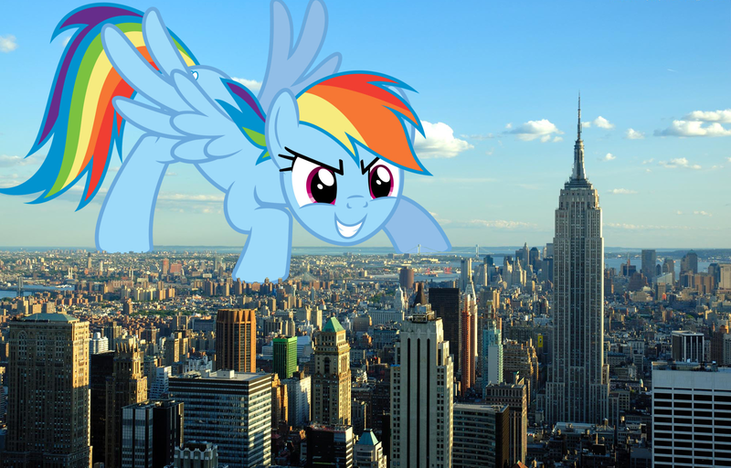 Size: 2000x1280 | Tagged: safe, artist:psychicwalnut, artist:theotterpony, derpibooru import, rainbow dash, pegasus, pony, empire state building, female, giant pony, giantess, giga, huge, irl, macro, new york, photo, ponies in real life, solo