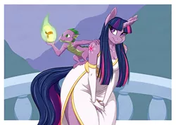 Size: 1813x1280 | Tagged: safe, artist:hobbsmeerkat, derpibooru import, spike, twilight sparkle, anthro, dragon, unicorn, alternative cutie mark placement, clothes, dress, evening, fire, gloves, impossibly wide hips, wide hips