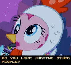 Size: 1102x1000 | Tagged: animal costume, chicken pie, chicken suit, clothes, costume, cropped, derp, derpibooru import, edit, edited screencap, hotline miami, image macro, luna eclipsed, meme, nightmare night costume, pinkie pie, safe, screencap