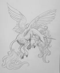 Size: 639x768 | Tagged: safe, artist:saburnia, derpibooru import, princess celestia, classical unicorn, flying, grayscale, leonine tail, monochrome, solo, traditional art, unshorn fetlocks