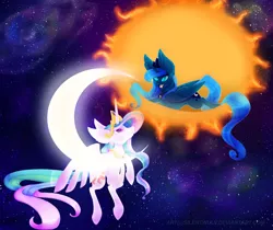 Size: 2500x2100 | Tagged: artist:silentwulv, derpibooru import, ear fluff, flying, moon, princess celestia, princess luna, prone, safe, sisters, space, sun, tangible heavenly object