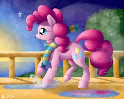 Size: 2500x2000 | Tagged: artist:solar-claw, clothes, derpibooru import, pinkie pie, puddle, safe, scarf, snow, snowflake, solo