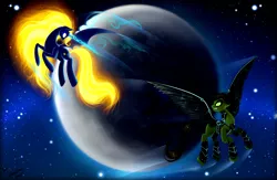 Size: 2000x1307 | Tagged: safe, artist:das_leben, derpibooru import, oc, unofficial characters only, pegasus, pony, unicorn, duet, evil, fight, flying, moon, stars