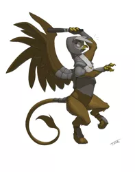 Size: 688x875 | Tagged: safe, artist:taus, derpibooru import, gilda, gryphon, armor, bipedal, chest fluff, club, club (weapon), cute, female, image, jpeg, majestic, necklace, paws, pointing, police, solo, spread wings, standing, tiptoe, weapon, wings