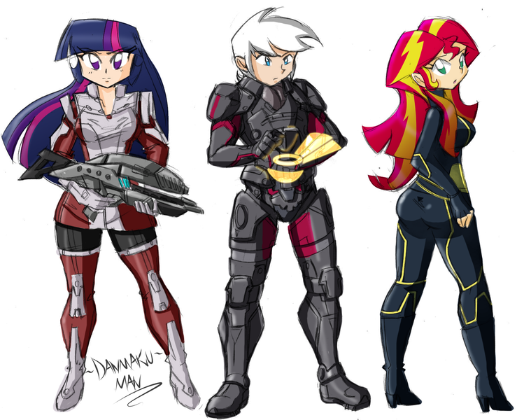 Size: 1600x1265 | Tagged: armor, artist:danmakuman, crossover, derpibooru import, gun, human, humanized, humanized oc, looking at you, mass effect, no trigger discipline, oc, omni-tool, outfit, rifle, safe, sunset shimmer, twilight sparkle