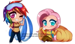 Size: 800x471 | Tagged: safe, artist:dreachu, derpibooru import, fluttershy, rainbow dash, human, air ponyville, blushing, chibi, clothes, cute, dashabetes, female, goggles, hand on hip, humanized, looking at you, one eye closed, pants, parachute, shirt, shyabetes, simple background, smiling, transparent background, wink