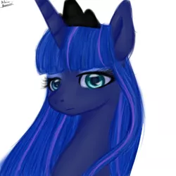 Size: 3000x3000 | Tagged: safe, artist:katkakakao, derpibooru import, princess luna, alternate hairstyle, frown, looking at you, portrait, solo, unamused