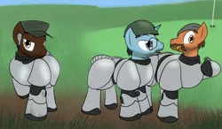 Size: 1280x749 | Tagged: safe, artist:the-furry-railfan, derpibooru import, ponified, earth pony, pony, unicorn, fallout equestria, battlefield bad company, clothes, glasses, golf course, grenade, power armor, steel ranger, steel rangers