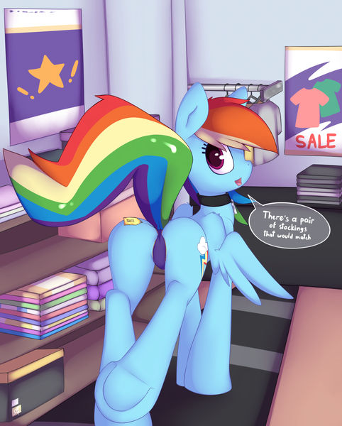 Size: 2925x3643 | Tagged: dead source, questionable, artist:omi, derpibooru import, rainbow dash, pegasus, pony, adorasexy, cameltoe, clothes, collar, cute, dialogue, female, looking at you, looking back, looking back at you, mare, open mouth, panties, pet-dash, plot, price tag, raised leg, raised tail, rear view, sexy, shop, shopping, smiling, solo, solo female, speech bubble, stupid sexy rainbow dash, underhoof, underwear