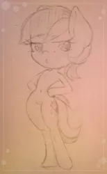 Size: 790x1280 | Tagged: safe, artist:matteglaze, derpibooru import, roseluck, anthro, unguligrade anthro, hand on hip, monochrome, pouting, sketch, solo, traditional art, wide hips, wingding eyes