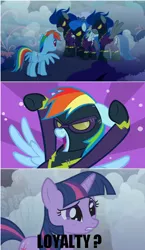 Size: 556x960 | Tagged: clothes, costume, derpibooru import, edit, edited screencap, friendship is magic, image macro, meme, rainbow dash, safe, screencap, shadowbolt dash, shadowbolts, shadowbolts costume, twilight sparkle