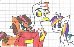 Size: 1026x650 | Tagged: safe, artist:cmara, derpibooru import, oc, oc:gulliver, oc:peanut butter brittle, oc:prince novel, unofficial characters only, alicorn, dragon, gryphon, hybrid, pony, alicorn oc, dracogriff, graph paper, offspring, parent:cheese sandwich, parent:garble, parent:gilda, parent:pinkie pie, parent:princess cadance, parent:shining armor, parents:cheesepie, parents:shiningcadance, traditional art