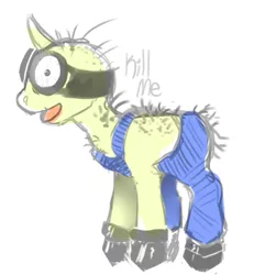 Size: 433x468 | Tagged: artist needed, safe, derpibooru import, ponified, pony, unicorn, clothes, despicable me, minion, nightmare fuel, no tail, open mouth, overalls, shoes, solo