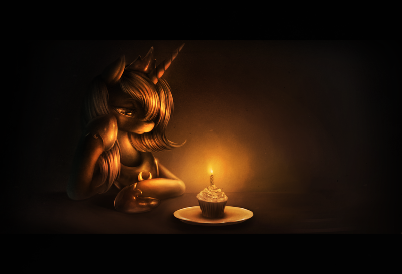 Size: 1600x1091 | Tagged: safe, artist:ventious, derpibooru import, princess luna, alicorn, pony, alone, birthday, candle, cupcake, dark, detailed, female, food, frown, happy birthday to me, letterboxing, limited palette, lonely, mare, monochrome, s1 luna, sad, solo, woobie