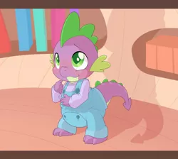 Size: 1280x1146 | Tagged: safe, artist:cuddlehooves, derpibooru import, spike, dragon, baby, baby dragon, blushing, book, bookshelf, claws, clothes, cuddlehooves is trying to murder us, cute, diaper, golden oaks library, male, overalls, poofy diaper, shadow, solo, spikabetes