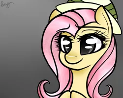 Size: 1024x819 | Tagged: artist:potatogirlivy, derpibooru import, fluttershy, gray eyes, hat, safe, solo