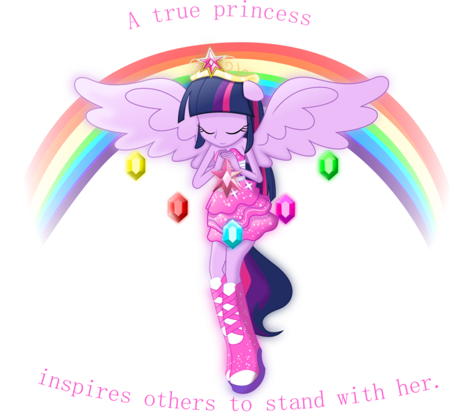 Size: 7000x6332 | Tagged: safe, artist:theshadowstone, derpibooru import, twilight sparkle, twilight sparkle (alicorn), equestria girls, absurd resolution, big crown thingy, boots, clothes, dress, elements of harmony, eyes closed, fall formal outfits, floppy ears, high heel boots, ponied up, pony ears, quote, rainbow, simple background, smiling, solo, sparkles, spread wings, transparent background, vector, wings