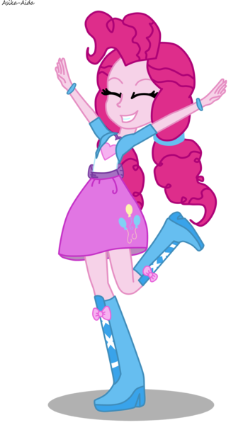 Size: 3130x5474 | Tagged: safe, artist:asika-aida, derpibooru import, pinkie pie, equestria girls, alternate hairstyle, balloon, boots, bracelet, clothes, high heel boots, jewelry, praise the sun, skirt, solo