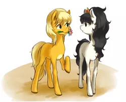 Size: 910x735 | Tagged: artist:luciferamon, courtship, cute, derpibooru import, eye contact, ico, ico el caballito valiente, ico the brave little horse, looking at each other, mouth hold, preciosa, raised hoof, safe