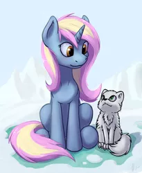 Size: 821x1000 | Tagged: safe, artist:hieronymuswhite, derpibooru import, oc, oc:arctic sunbeam, unofficial characters only, arctic fox, fox, pony, unicorn, duo, female, looking at each other, mare, sitting, snow