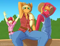 Size: 1656x1280 | Tagged: anthro, apple bloom, applejack, armpits, artist:hobbsmeerkat, big macintosh, clothes, derpibooru import, fence, jeans, overalls, safe