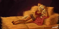 Size: 2500x1261 | Tagged: anthro, applejack, armpits, artist:sa1ntmax, breasts, busty applejack, derpibooru import, female, fine art parody, francisco goya, hay bale, la maja desnuda, la maja vestida, safe, solo, unguligrade anthro