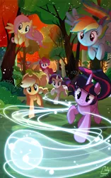 Size: 1628x2585 | Tagged: safe, artist:light262, derpibooru import, applejack, fluttershy, pinkie pie, rainbow dash, rarity, twilight sparkle, twilight sparkle (alicorn), alicorn, pony, bush, female, forest, grass, light, mane six, mare, sphere, tree, wisp