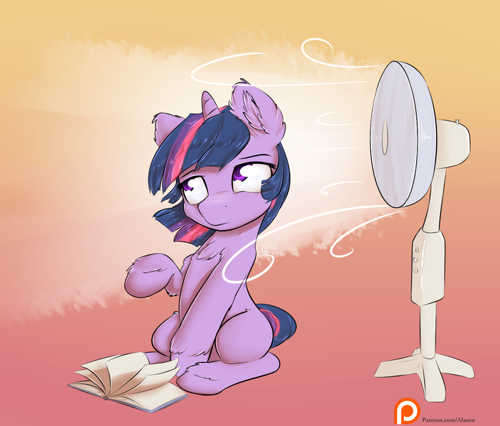 Size: 1350x1150 | Tagged: artist:alasou, book, chest fluff, cute, derpibooru import, fan, filly, fluffy, patreon, patreon logo, raised hoof, safe, solo, twiabetes, twilight sparkle, unshorn fetlocks