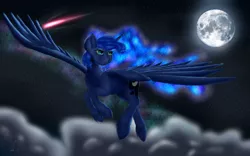 Size: 5760x3600 | Tagged: absurd resolution, artist:crazyaniknowit, cloud, cloudy, derpibooru import, detailed, ethereal mane, flying, looking back, moon, night, princess luna, safe, shooting star, solo, starry mane, starry night