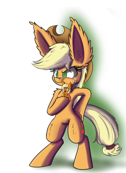 Size: 950x1300 | Tagged: safe, artist:heir-of-rick, derpibooru import, applejack, monster pony, original species, pony, tatzlpony, appletini, big ears, bipedal, cute, duo, ear fluff, fluffy, glare, holding a pony, impossibly large ears, messy mane, micro, open mouth, raised eyebrow, raised hoof, self ponidox, shadow, simple background, sitting, size difference, smiling, smirk, tatzljack, tentacle tongue, tiny ponies, tongue out, white background