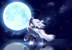 Size: 1024x711 | Tagged: artist:musicfirewind, derpibooru import, moon, oc, oc:silverlay, reflection, running, safe, solo, stars, unofficial characters only