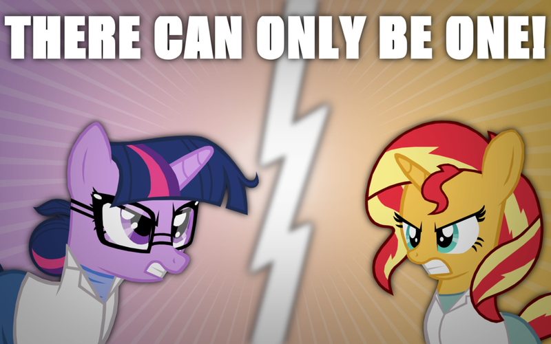 Size: 1024x640 | Tagged: safe, artist:christophr1, derpibooru import, sci-twi, sunset shimmer, twilight sparkle, ponified, pony, unicorn, equestria girls, friendship games, the science of magic, angry, clothes, equestria girls ponified, glasses, lab coat, rivalry, science, scientist, sunset the science gal, text, there can be only one, this will end in science, wallpaper