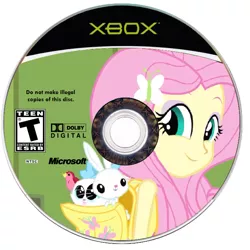 Size: 662x662 | Tagged: safe, artist:dannydsi3d, derpibooru import, angel bunny, fluttershy, mitsy, bird, cat, equestria girls, backpack, cd, cover, disc, game, microsoft, simple background, white background, xbox