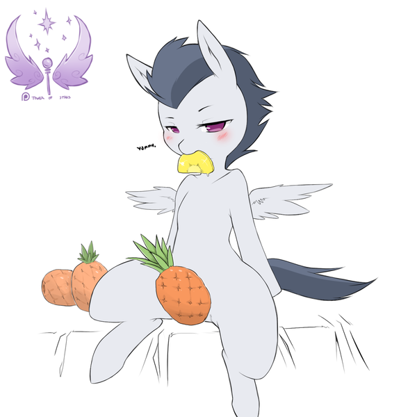 Size: 1280x1280 | Tagged: artist:cold-blooded-twilight, colt, derpibooru import, implied foalcon, male, pineapple, rumble, solo, solo male, strategically covered, suggestive