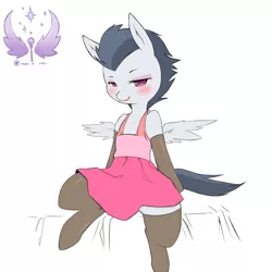 Size: 1280x1280 | Tagged: artist:cold-blooded-twilight, clothes, colt, crossdressing, derpibooru import, dress, eyelashes, eyeliner, makeup, male, rumble, safe, solo, spread legs, spread wings, stockings, trap