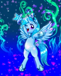 Size: 600x750 | Tagged: safe, artist:jurisalis, derpibooru import, idw, trixie, alicorn, pony, bipedal, cute, diatrixes, happy, heart, hoof hold, looking at you, mirror universe, open mouth, race swap, smiling, solo, sparkles, stars, trixiecorn, wand, wink