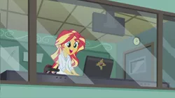Size: 1920x1080 | Tagged: safe, derpibooru import, screencap, sunset shimmer, equestria girls, friendship games, the science of magic, clothes, lab coat, solo, sunset the science gal