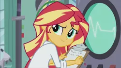 Size: 1920x1080 | Tagged: safe, derpibooru import, screencap, sunset shimmer, equestria girls, friendship games, the science of magic, clipboard, clothes, lab coat, pencil, solo, sunset the science gal