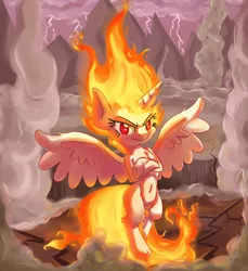 Size: 3000x3276 | Tagged: safe, artist:discorded, derpibooru import, twilight sparkle, twilight sparkle (alicorn), alicorn, pony, rapidash, belly button, bipedal, chest fluff, crossed arms, female, fire, image, lightning, mane of fire, mare, png, rapidash twilight, smoke, solo, spread wings, unamused