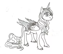 Size: 1568x1348 | Tagged: safe, artist:amaya-chans2, derpibooru import, oc, oc:shield heart, unofficial characters only, alicorn, classical unicorn, pony, alicorn oc, leonine tail, monochrome, offspring, parent:princess cadance, parent:shining armor, parents:shiningcadance, traditional art