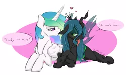 Size: 1280x763 | Tagged: safe, artist:ambris, artist:leatherbiscuit, color edit, derpibooru import, princess celestia, queen chrysalis, alicorn, changeling, changeling queen, pony, bedroom eyes, blushing, chryslestia, cute, cutealis, cutelestia, dialogue, ear bite, female, heart, lesbian, looking at each other, mare, missing accessory, open mouth, prone, shipping, smiling, tongue out
