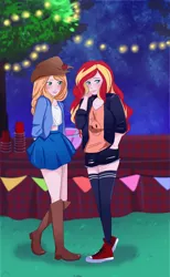 Size: 1024x1664 | Tagged: safe, artist:dianavazk3z, derpibooru import, applejack, sunset shimmer, equestria girls, appleshimmer, blushing, clothes, converse, denim skirt, female, humanized, lesbian, night, party, shipping, skirt, socks, stockings, thigh highs, zettai ryouiki